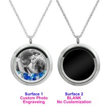1x Stainless Steel Personalize Photo Engrave Round Floating Crystal Chain Necklace Pendant 30mm Blue