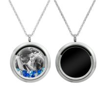 1x Stainless Steel Personalize Photo Engrave Round Floating Crystal Chain Necklace Pendant 30mm Blue