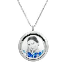1x Stainless Steel Personalize Photo Engrave Round Floating Crystal Chain Necklace Pendant 30mm Blue