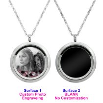 1x Stainless Steel Personalize Photo Engrave Round Floating Crystal Chain Necklace Pendant 30mm Pink