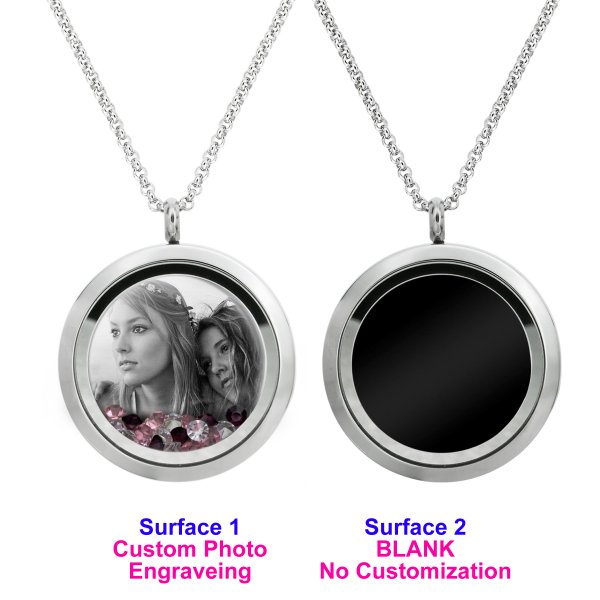 1x Stainless Steel Personalize Photo Engrave Round Floating Crystal Chain Necklace Pendant 30mm Pink