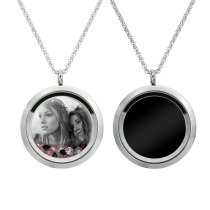 1x Stainless Steel Personalize Photo Engrave Round Floating Crystal Chain Necklace Pendant 30mm Pink