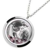1x Stainless Steel Personalize Photo Engrave Round Floating Crystal Chain Necklace Pendant 30mm Pink
