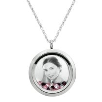1x Stainless Steel Personalize Photo Engrave Round Floating Crystal Chain Necklace Pendant 30mm Pink