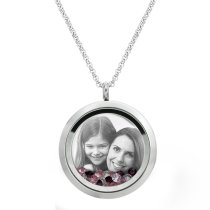 1x Stainless Steel Personalize Photo Engrave Round Floating Crystal Chain Necklace Pendant 30mm Pink