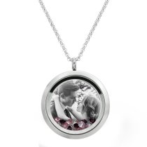 1x Stainless Steel Personalize Photo Engrave Round Floating Crystal Chain Necklace Pendant 30mm Pink