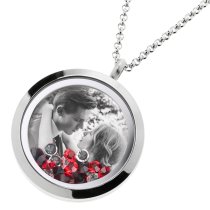 1x Stainless Steel Personalize Photo Engrave Round Floating Crystal Chain Necklace Pendant 30mm Red