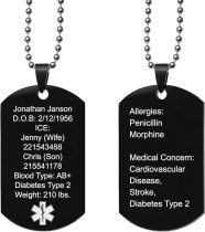 Personalized Medical Alert Emergency Med Id Identification Engraved Stainless Steel Custom Dog Tag Military Pendant Ball Chain Necklace 24″ Gift - Black