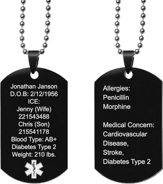 Personalized Medical Alert Emergency Med Id Identification Engraved Stainless Steel Custom Dog Tag Military Pendant Ball Chain Necklace 24" Gift - Black