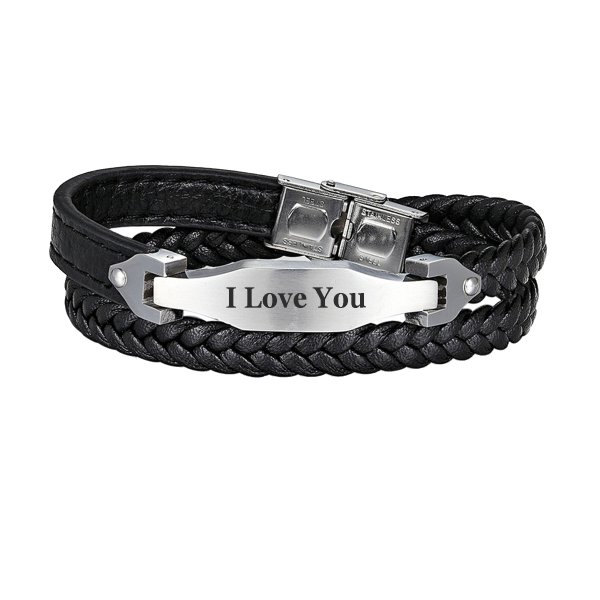 Qina C. Personalized Text Engraving Letter Custom Date Stainless Steel Leather Double Layer Braided Wristband Bracelet