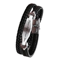 Qina C. Personalized Text Engraving Letter Custom Date Stainless Steel Leather Double Layer Braided Wristband Bracelet