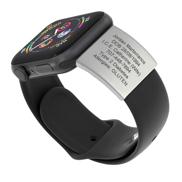 Personalized Medical Alert Id Tag for Apple Watch, Laser Engraved Safety Plate for Fitness & Runners Custom Wristband Tag for Sport Smartwatch- Silver