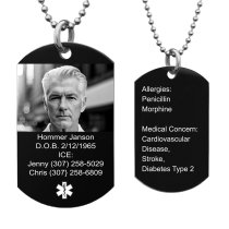 Qina C. Custom Engraved Medical Alert Necklace Stainless Steel ID Tag Emergency ICE Med Jewelry Pendant Personalized Men Women (Black:1 side phto text + 1 side text)