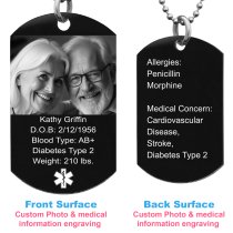 Qina C. Custom Engraved Medical Alert Necklace Stainless Steel ID Tag Emergency ICE Med Jewelry Pendant Personalized Men Women (Black:1 side phto text + 1 side text)