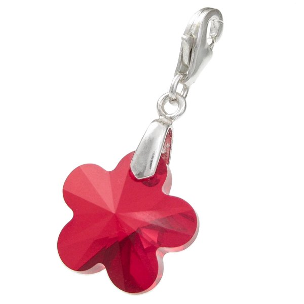 STERLING SILVER Swarovski Crystal Siam Flower Pendant Bead for European Clip on Charm w/ Lobster Clasp