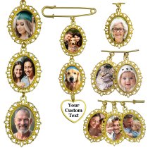 Qina C. Wedding Bouquet Photo Charms Groom Boutonniere Pins For Bride Custom Pins Memorial Gifts Bridal Shower Graduation Bachelor Party Men Women (Gold-tone: Photo w/ Designs (Oval))