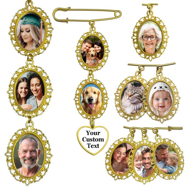 Qina C. Wedding Bouquet Photo Charms Groom Boutonniere Pins For Bride Custom Pins Memorial Gifts Bridal Shower Graduation Bachelor Party Men Women (Gold-tone: Photo w/ Designs (Oval))