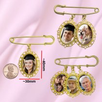 Qina C. Wedding Bouquet Photo Charms Groom Boutonniere Pins For Bride Custom Pins Memorial Gifts Bridal Shower Graduation Bachelor Party Men Women (Gold-tone: Photo w/ Designs (Oval))