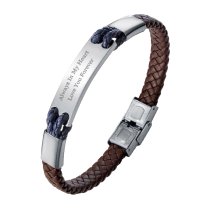 Qina C. Personalized Valentine's Gift for Him - Engraved Leather Bracelet with Initial, Custom Name Stainless Steel Wristband for Husband, Boyfriend, Fiancé