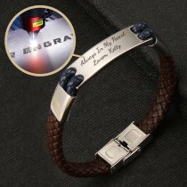 Qina C. Personalized Valentine's Gift for Him - Engraved Leather Bracelet with Initial, Custom Name Stainless Steel Wristband for Husband, Boyfriend, Fiancé