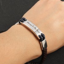 Qina C. Personalized Valentine's Gift for Him - Engraved Leather Bracelet with Initial, Custom Name Stainless Steel Wristband for Husband, Boyfriend, Fiancé