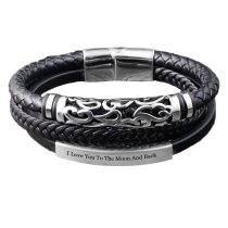 Qina C. Personalized Valentine's Gift for Him - Engraved Leather Bracelet with Initial, Custom Name Stainless Steel Wristband for Husband, Boyfriend, Fiancé