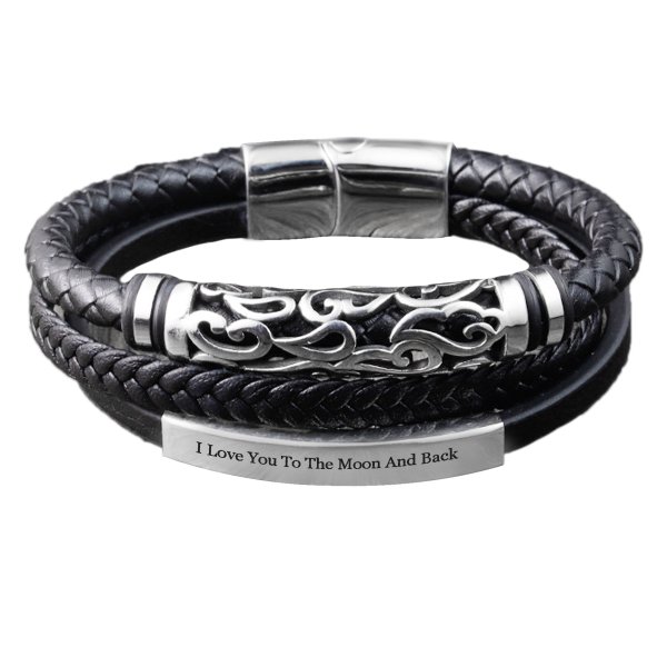 Qina C. Personalized Valentine's Gift for Him - Engraved Leather Bracelet with Initial, Custom Name Stainless Steel Wristband for Husband, Boyfriend, Fiancé