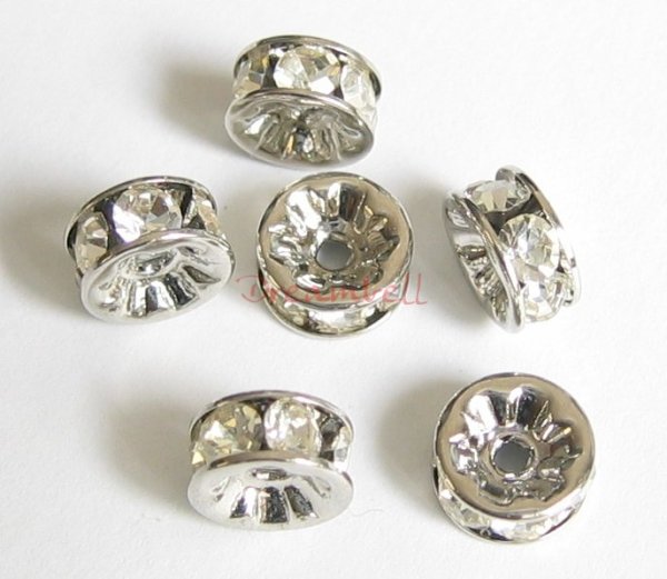 6x Rondelle Silver Bead Spacer Clear Crystals 8mm