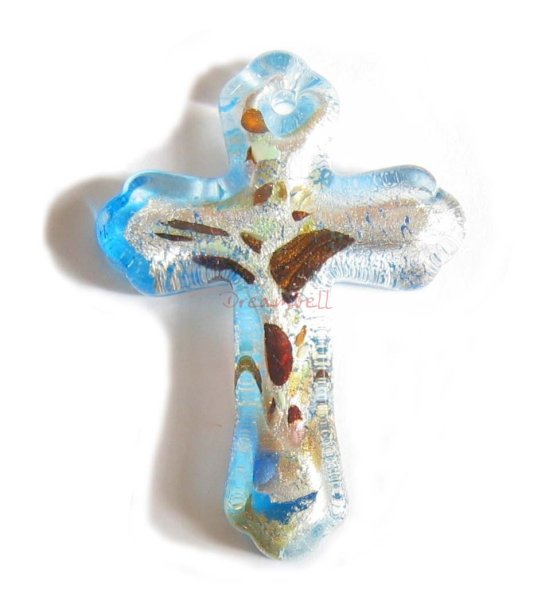 1x Encased Dichroic Lampwork Glass Cross Pendant Bead 48mm