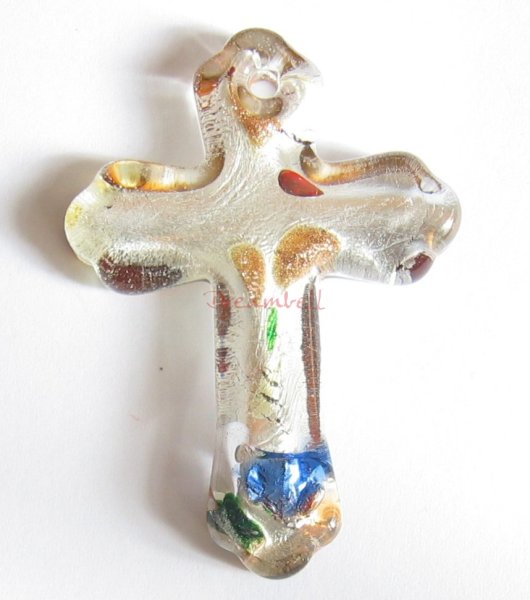 1x Encased Dichroic Lampwork Glass Cross Pendant Bead 48mm