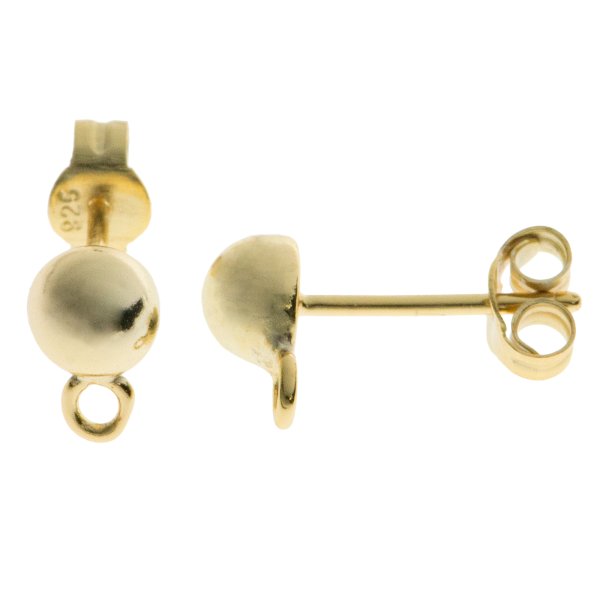 2x Vermeil 14K Real Gold plated 925 Sterling silver 5mm Half Ball Stud Earring Loop Post
