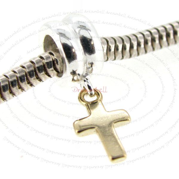 14K Gold plated 925 Sterling Silver w/ little CROSS dangle for European Charm Bracelets