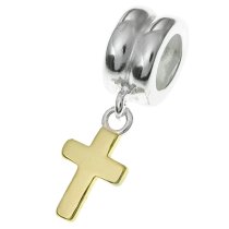 14K Gold plated 925 Sterling Silver w/ little CROSS dangle for European Charm Bracelets