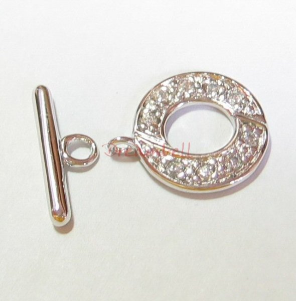 1x STERLING SILVER CZ Crystal Round TOGGLE CLASP 14mm