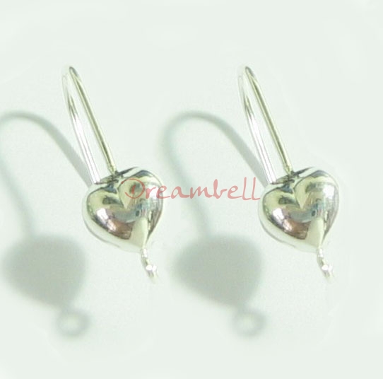 2x STERLING SILVER PUFF HEART EarWires FRENCH HOOK EAR WIRE