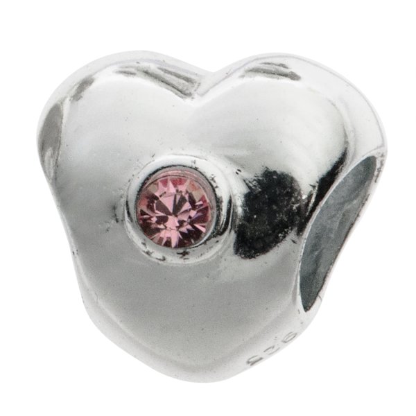Sterling Silver Puff Heart Pink Rose Cz Crystal for European Charm Bracelets Bead 10.6mm