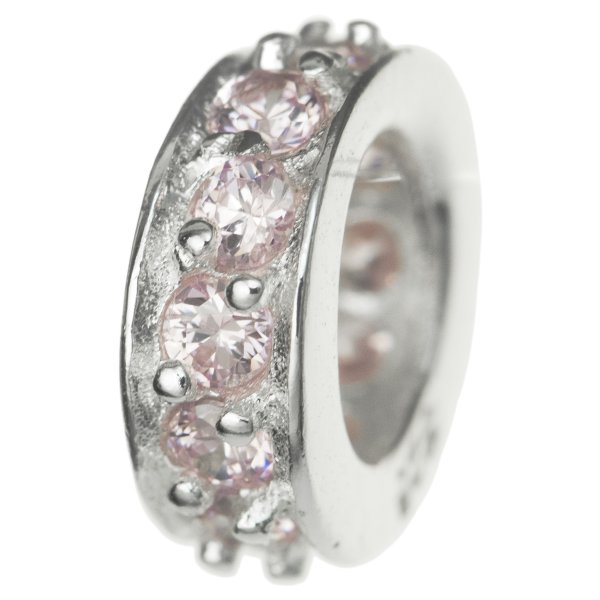 Sterling Silver ROUND RING Bead Pink Rose CZ crystals for European Bead charm Bracelet