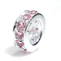 Sterling Silver ROUND RING Bead Pink Rose CZ crystals for European Bead charm Bracelet