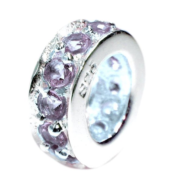 Sterling Silver ROUND RING Bead violet CZ crystals for European Charm Bracelets