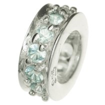 Sterling Silver ROUND RING Bead Light AQUAMARINE CZ crystals for European Charm Bracelets