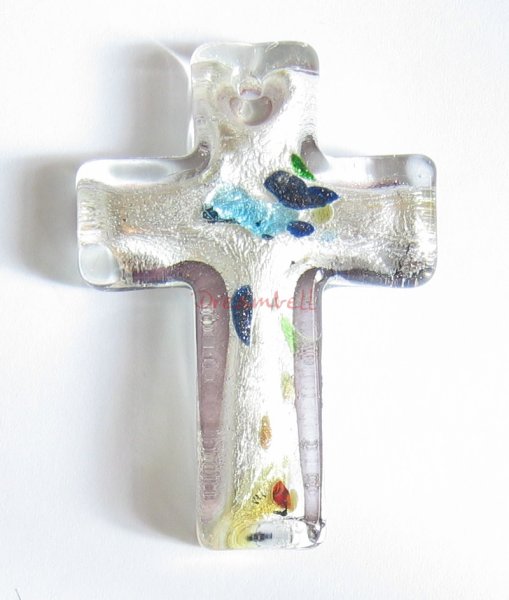 1x Encased Dichroic Lampwork Glass Cross Pendant Bead 50mm