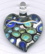 Huge Lampwork Fused Glass 999 Pure Silver Heart Pendant