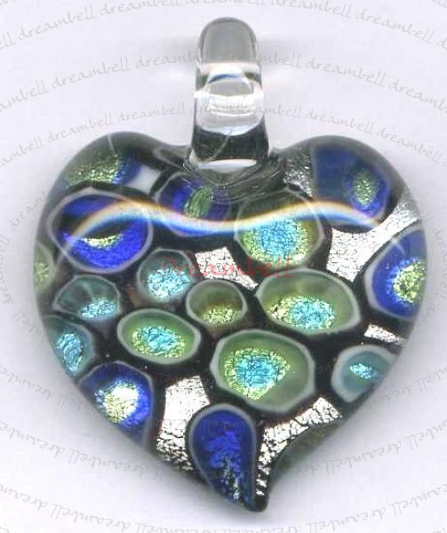 Huge Lampwork Fused Glass 999 Pure Silver Heart Pendant
