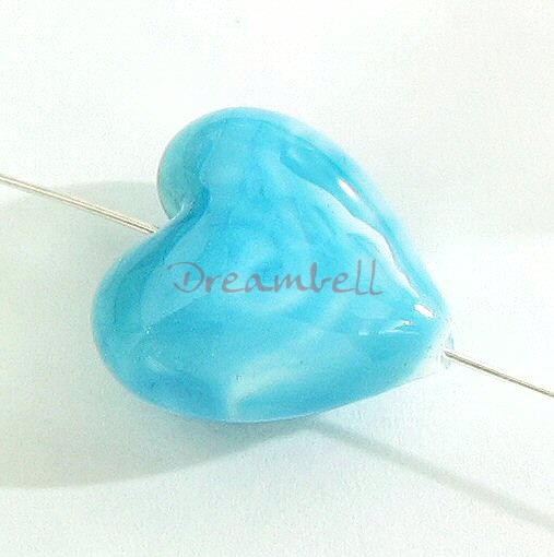 4x HEART Lampwork Glass Focal bead Aquamarine 15mm