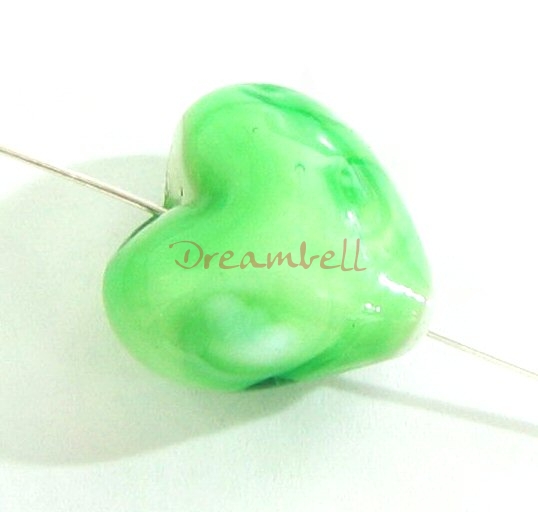 4x HEART Lampwork Glass Focal bead Peridot 15mm