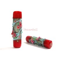 1x GARDEN CANDLE Fused Lampwork Glass Bead Tube silver Coral Red 36mm