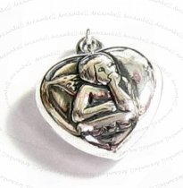 BALI STERLING SILVER PUFF ANGEL HEART DANGLE CHARM PENDANT 15.5MM