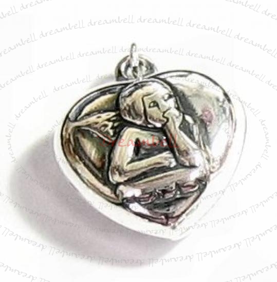 BALI STERLING SILVER PUFF ANGEL HEART DANGLE CHARM PENDANT 15.5MM