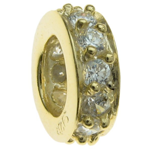 Gold 925 Sterling Silver ROUND RING Bead w/ clear CZ crystals Bead for European Charm Bracelets