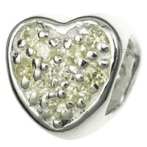 Sterling Silver HEART Bead with light green CZ crystal for European Charm Bracelets